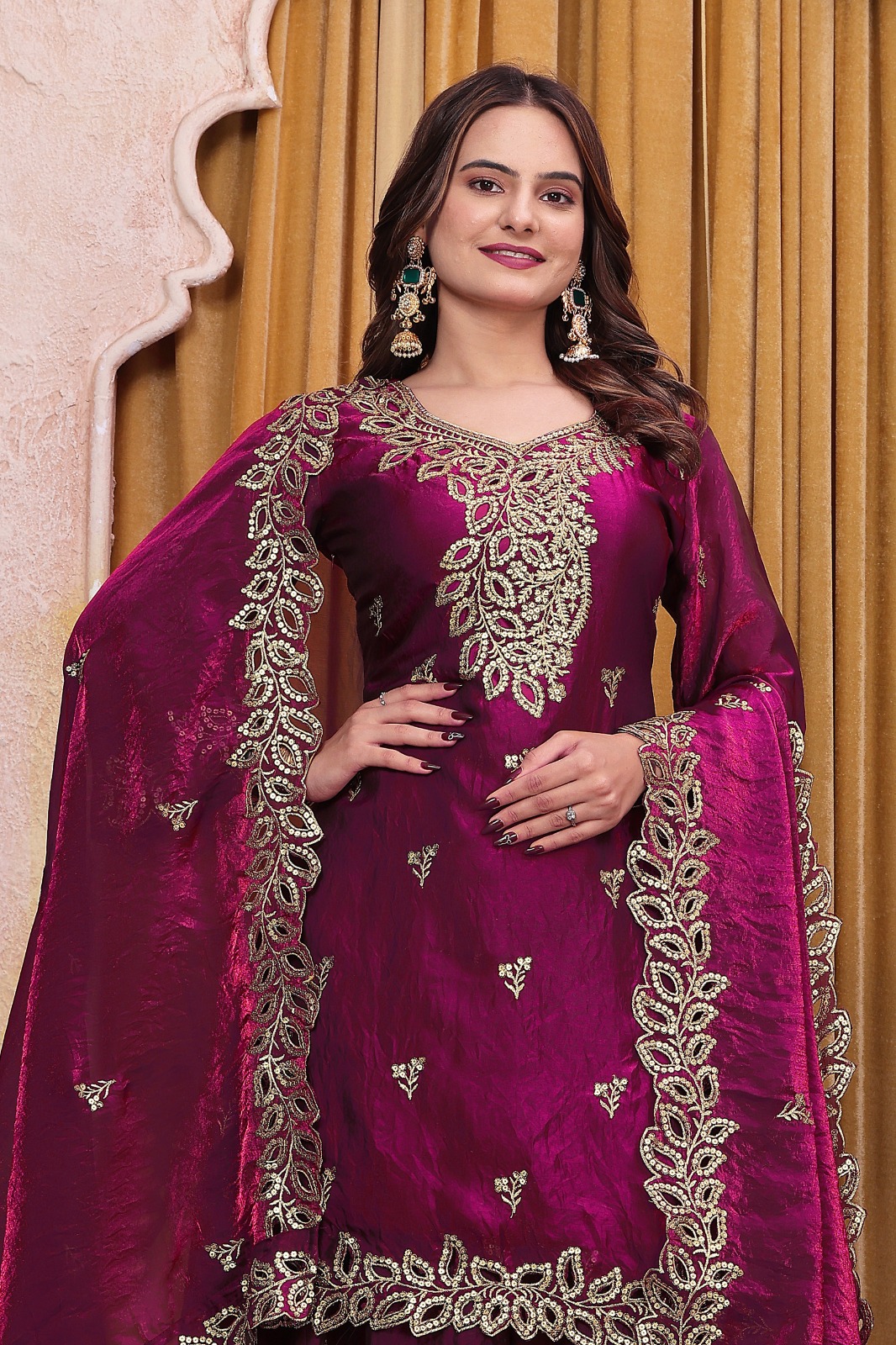 FE 141 Wine Fendy Silk Salwar Suit with Mirror Work & Embroidery Work. Best Price ₹2449. Delivery 4-6 Working Days. Shop now. | Jump Suits, Salwar suit, Casual Suits, Creative suits, Designer Suits, Palazzo Suits, Party Wear Suits, Patiala Suits, Straight Suits