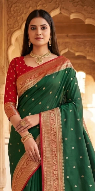 MB 6079 Green Soft Banarasi Silk Saree with Zari Work & Moti Work. Introductory Price ₹1949. Delivery 4-6 Working Days. Shop now. | Designer Sarees, Modern Digital sarees, Sarees, Bollywood Sarees, Creative Sarees, Embroidered Sarees, Ethnic Saree, Party Wear Sarees