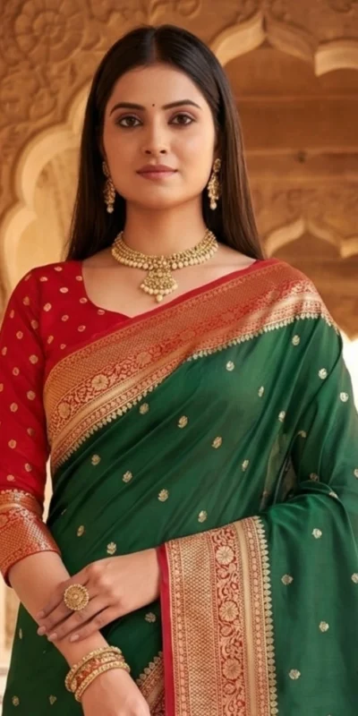 MB 6079 Green Soft Banarasi Silk Saree with Zari Work & Moti Work. Introductory Price ₹1949. Delivery 4-6 Working Days. Shop now. | Designer Sarees, Modern Digital sarees, Sarees, Bollywood Sarees, Creative Sarees, Embroidered Sarees, Ethnic Saree, Party Wear Sarees