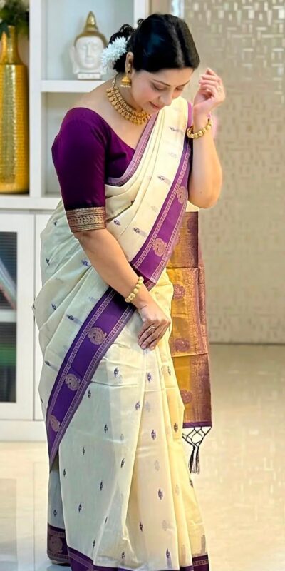 KPR 308 Cream in Soft Lichi Silk Jacquard Work Designer Work Saree . Exclusive Offer ₹1449. Delivery 4-6 Working Days. Shop now. | Designer Sarees, Modern Digital sarees, Sarees, Bollywood Sarees, Creative Sarees, Embroidered Sarees, Ethnic Saree, Party Wear Sarees