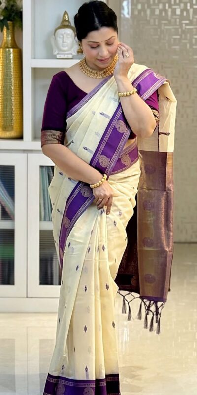 KPR 308 Cream in Soft Lichi Silk Jacquard Work Designer Work Saree . Exclusive Offer ₹1449. Delivery 4-6 Working Days. Shop now. | Designer Sarees, Modern Digital sarees, Sarees, Bollywood Sarees, Creative Sarees, Embroidered Sarees, Ethnic Saree, Party Wear Sarees