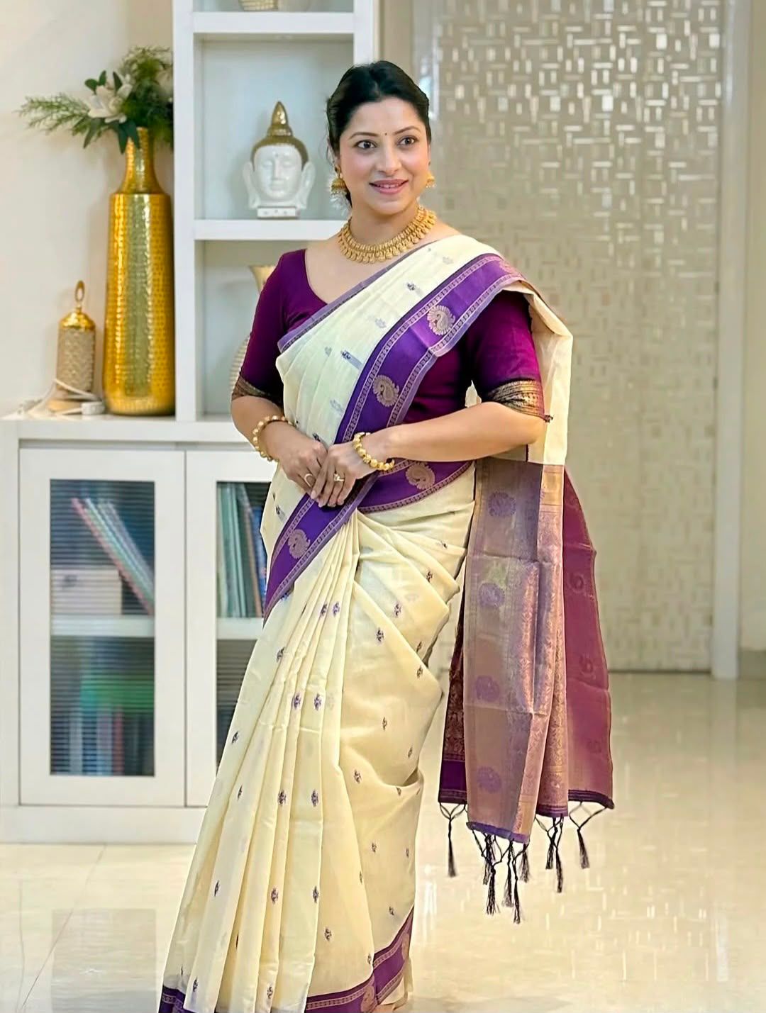 KPR 308 Cream in Soft Lichi Silk Jacquard Work Designer Work Saree . Exclusive Offer ₹1449. Delivery 4-6 Working Days. Shop now. | Designer Sarees, Modern Digital sarees, Sarees, Bollywood Sarees, Creative Sarees, Embroidered Sarees, Ethnic Saree, Party Wear Sarees