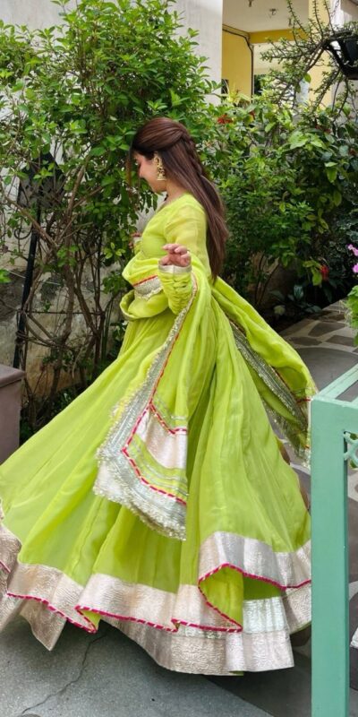 RTC 6048 Parrot Green | Parrot Tabby Organza Silk Gown with Hand Work & Mirror Work. Special Price ₹2549. Delivery 4-6 Working Days. Shop now. | Gowns, Bollywood Gowns, Creative Gowns, Designer Gowns, Embroidered Gowns, Party Wear Gowns