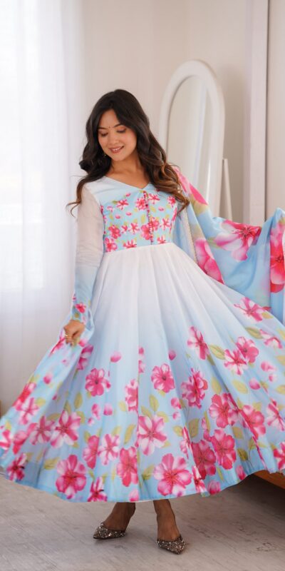 KB 308 Sky Blue Sky Blue Organza Silk Salwar Sui Perfect for Wedding, Party, Housewarming, Ganesh Chaturthi, Reception – t. Affordable Price ₹1999. Delivery | Anarkali Suits, Bollywood Anarkali, Creative-Anarkali, Designer Anarkali, Embroidered Anarkali, Party Wear Anarkali