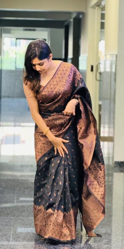 KP 6048 Black Color Yellow Soft Lichi Silk Saree with Jacquard Work. Best Price ₹1299. Delivery 4-6 Working Days. Shop now. | Designer Sarees, Modern Digital sarees, Sarees, Bollywood Sarees, Creative Sarees, Embroidered Sarees, Ethnic Saree, Party Wear Sarees