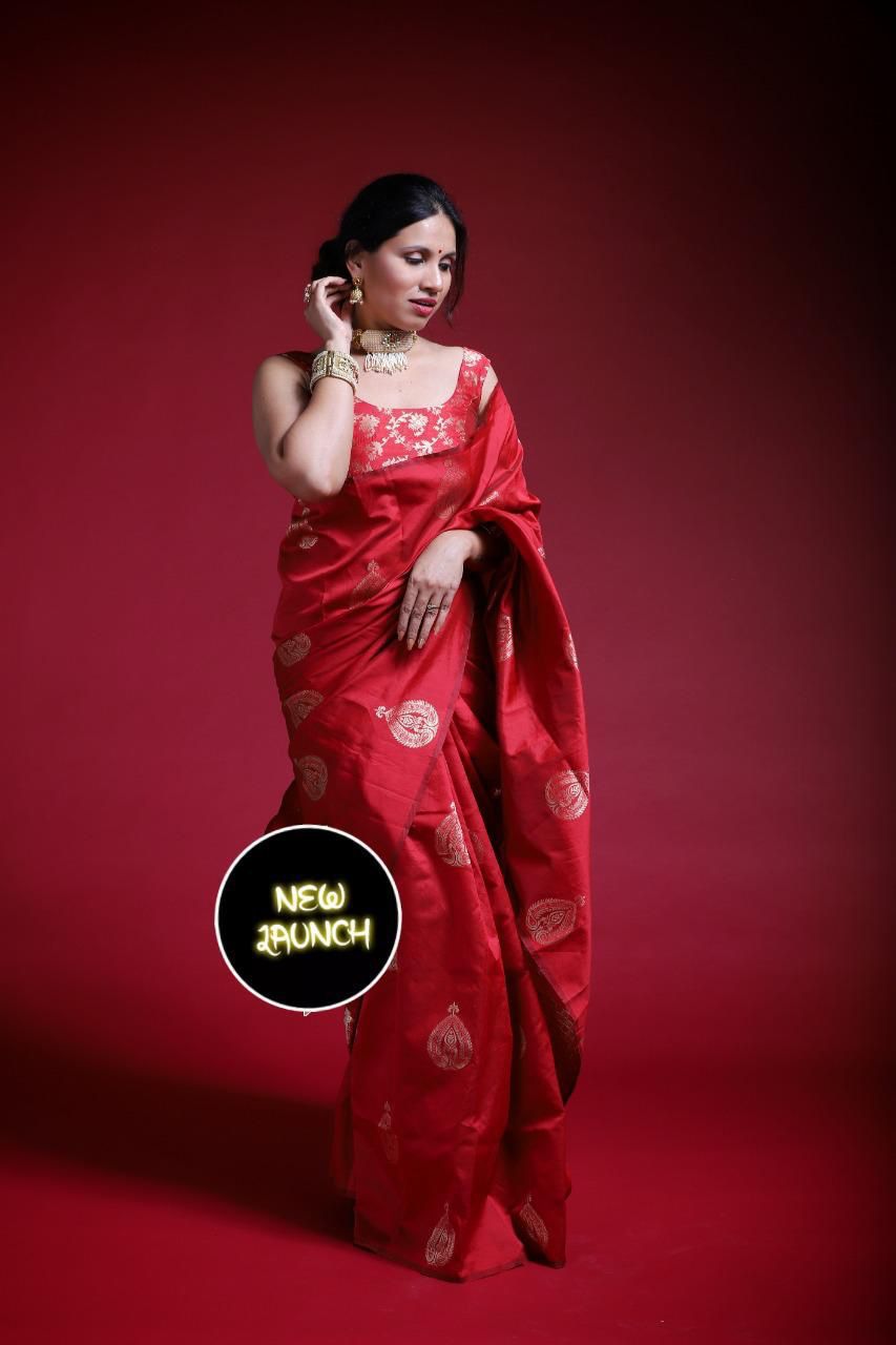 KP 2072 Red Color Yellow Soft Lichi Silk Saree with Jacquard Work. Best Price ₹1299. Delivery 4-6 Working Days. Shop now. | Designer Sarees, Modern Digital sarees, Sarees, Bollywood Sarees, Creative Sarees, Embroidered Sarees, Ethnic Saree, Party Wear Sarees