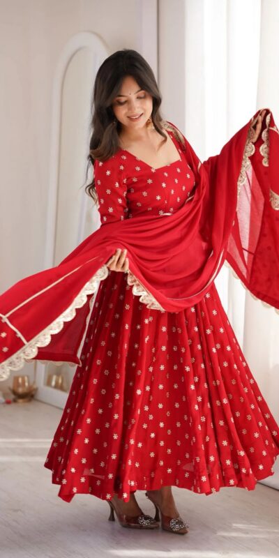 MF 534 Red Zari Work & Embroidery Work Salwar Suit in Red Chinon Silk. Grab it for ₹2499. Delivery 4-6 Working Days. Shop now. | Anarkali Suits, Bollywood Anarkali, Creative-Anarkali, Designer Anarkali, Embroidered Anarkali, Party Wear Anarkali, Salwar suit
