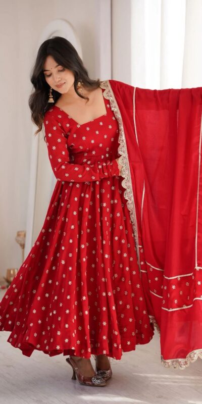 MF 534 Red Zari Work & Embroidery Work Salwar Suit in Red Chinon Silk. Grab it for ₹2499. Delivery 4-6 Working Days. Shop now. | Anarkali Suits, Bollywood Anarkali, Creative-Anarkali, Designer Anarkali, Embroidered Anarkali, Party Wear Anarkali, Salwar suit