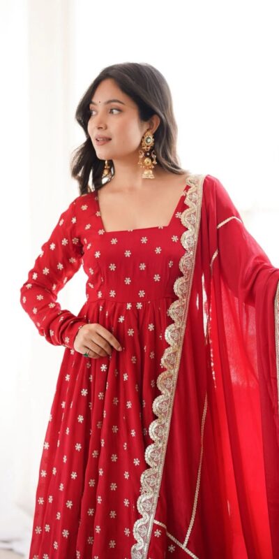 MF 534 Red Zari Work & Embroidery Work Salwar Suit in Red Chinon Silk. Grab it for ₹2499. Delivery 4-6 Working Days. Shop now. | Anarkali Suits, Bollywood Anarkali, Creative-Anarkali, Designer Anarkali, Embroidered Anarkali, Party Wear Anarkali, Salwar suit