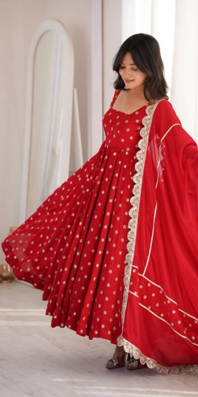 MF 534 Red Zari Work & Embroidery Work Salwar Suit in Red Chinon Silk. Grab it for ₹2499. Delivery 4-6 Working Days. Shop now. | Anarkali Suits, Bollywood Anarkali, Creative-Anarkali, Designer Anarkali, Embroidered Anarkali, Party Wear Anarkali, Salwar suit