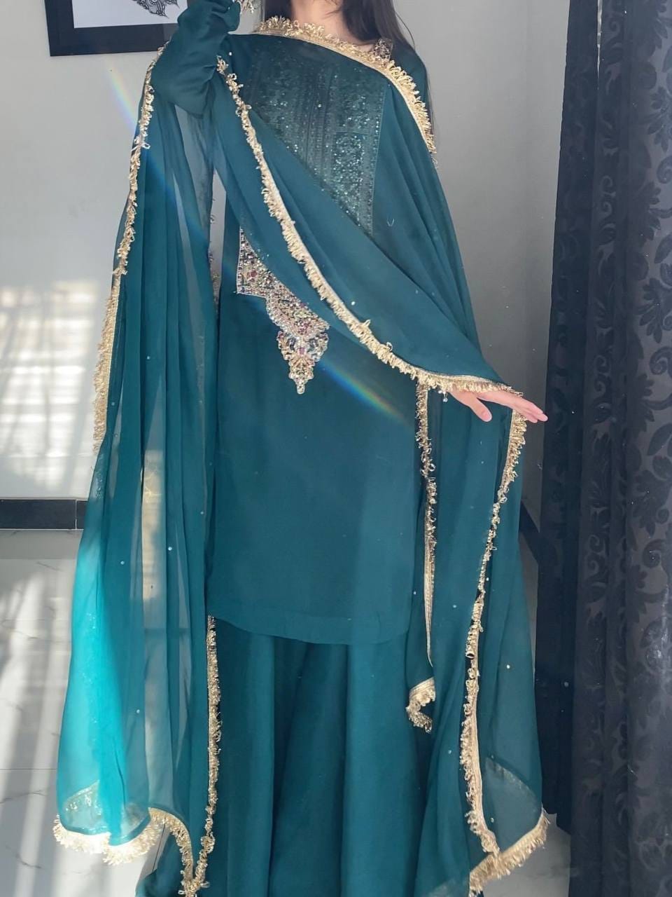 ZC 8021 Teal Fox Georgette Salwar Suit with Embroidery Work & Sequins Work. Exclusive Offer ₹2099. Delivery 4-6 Working Days. Shop now. | Jump Suits, Salwar suit, Casual Suits, Creative suits, Designer Suits, Palazzo Suits, Party Wear Suits, Patiala Suits, Straight Suits