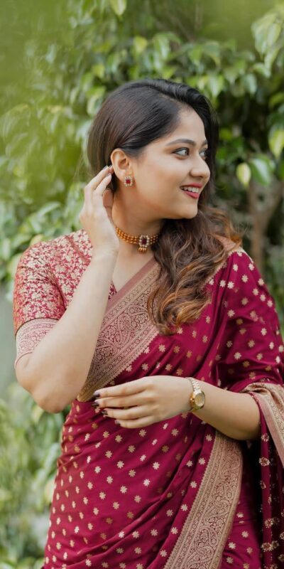 KPR 228 Red in Soft Lichi Silk Jacquard Work Designer Work Saree . Exclusive Offer ₹1349. Delivery 4-6 Working Days. Shop now. | Designer Sarees, Modern Digital sarees, Sarees, Bollywood Sarees, Creative Sarees, Embroidered Sarees, Ethnic Saree, Party Wear Sarees