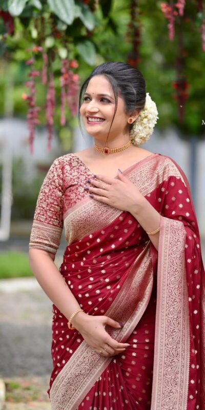 KPR 228 Red in Soft Lichi Silk Jacquard Work Designer Work Saree . Exclusive Offer ₹1349. Delivery 4-6 Working Days. Shop now. | Designer Sarees, Modern Digital sarees, Sarees, Bollywood Sarees, Creative Sarees, Embroidered Sarees, Ethnic Saree, Party Wear Sarees