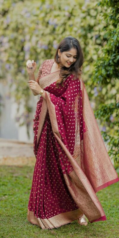 KPR 228 Red in Soft Lichi Silk Jacquard Work Designer Work Saree . Exclusive Offer ₹1349. Delivery 4-6 Working Days. Shop now. | Designer Sarees, Modern Digital sarees, Sarees, Bollywood Sarees, Creative Sarees, Embroidered Sarees, Ethnic Saree, Party Wear Sarees