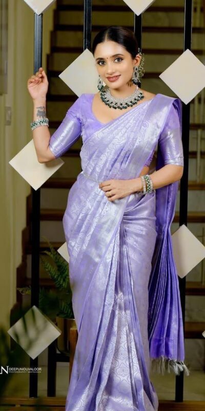 KPR 259 Lavender Soft Lichi Silk Saree with Lace Work & Lace Border. Introductory Price ₹1349. Delivery 4-6 Working Days. Shop now. | Designer Sarees, Modern Digital sarees, Sarees, Bollywood Sarees, Creative Sarees, Embroidered Sarees, Ethnic Saree, Party Wear Sarees