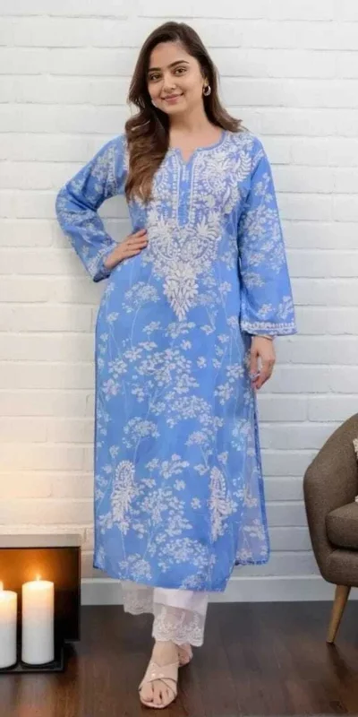 MF 1130 Blue in Colour Poly Cotton Chikenkari Work & Lace Work Kurti . Festive Deal ₹1499. Delivery 4-6 Working Days. Shop now. | Kurti, Bollywood Kurti, Creative Kurtis, Designer Kurti, Party Wear Kurti, Selfie Kurti