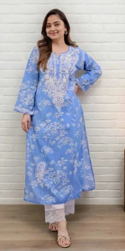 MF 1130 Blue in Colour Poly Cotton Chikenkari Work & Lace Work Kurti . Festive Deal ₹1499. Delivery 4-6 Working Days. Shop now. | Kurti, Bollywood Kurti, Creative Kurtis, Designer Kurti, Party Wear Kurti, Selfie Kurti