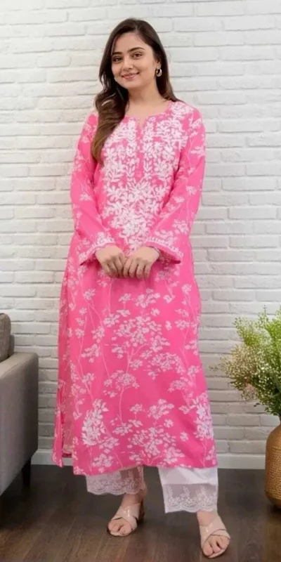 MF 1130 Pink in Colour Poly Cotton Chikenkari Work & Lace Work Kurti . Festive Deal ₹1499. Delivery 4-6 Working Days. Shop now. | Kurti, Bollywood Kurti, Creative Kurtis, Designer Kurti, Party Wear Kurti, Selfie Kurti