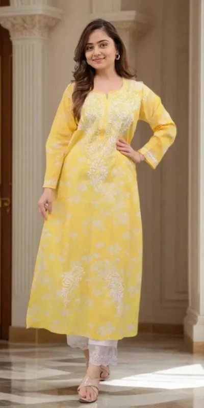 MF 1130 Yellow in Colour Poly Cotton Chikenkari Work & Lace Work Kurti . Festive Deal ₹1499. Delivery 4-6 Working Days. Shop now. | Kurti, Bollywood Kurti, Creative Kurtis, Designer Kurti, Party Wear Kurti, Selfie Kurti
