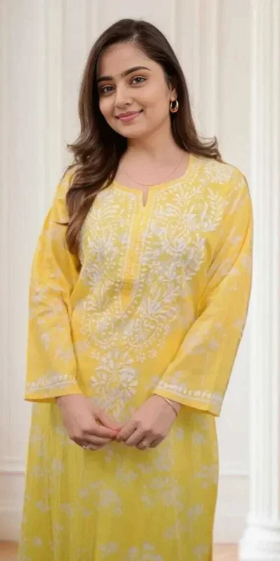 MF 1130 Yellow in Colour Poly Cotton Chikenkari Work & Lace Work Kurti . Festive Deal ₹1499. Delivery 4-6 Working Days. Shop now. | Kurti, Bollywood Kurti, Creative Kurtis, Designer Kurti, Party Wear Kurti, Selfie Kurti