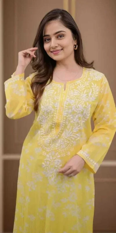 MF 1130 Yellow in Colour Poly Cotton Chikenkari Work & Lace Work Kurti . Festive Deal ₹1499. Delivery 4-6 Working Days. Shop now. | Kurti, Bollywood Kurti, Creative Kurtis, Designer Kurti, Party Wear Kurti, Selfie Kurti