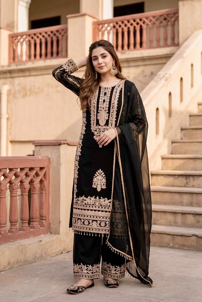 ST 247 Black | Black Faux Georgette Salwar Suit with Lace Work. Introductory Price ₹2449. Delivery 4-6 Working Days. Shop now. | Jump Suits, Salwar suit, Casual Suits, Creative suits, Designer Suits, Palazzo Suits, Party Wear Suits, Patiala Suits, Straight Suits