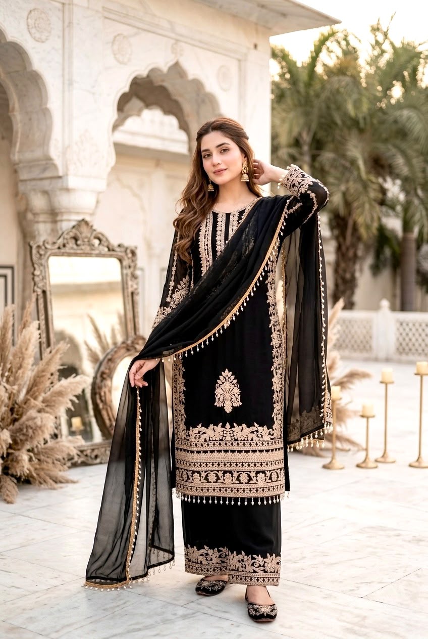 ST 247 Black | Black Faux Georgette Salwar Suit with Lace Work. Introductory Price ₹2449. Delivery 4-6 Working Days. Shop now. | Jump Suits, Salwar suit, Casual Suits, Creative suits, Designer Suits, Palazzo Suits, Party Wear Suits, Patiala Suits, Straight Suits