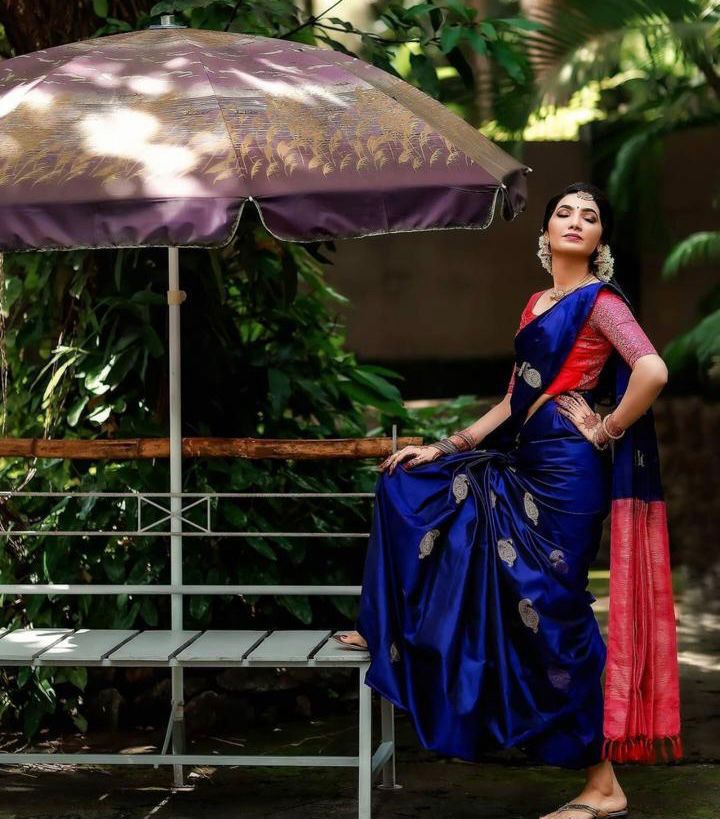 KP 2053 Blue in Soft Lichi Silk Jacquard Work Designer Work Saree . Exclusive Offer ₹1249. Delivery 4-6 Working Days. Shop now. | Designer Sarees, Modern Digital sarees, Sarees, Bollywood Sarees, Creative Sarees, Embroidered Sarees, Ethnic Saree, Party Wear Sarees
