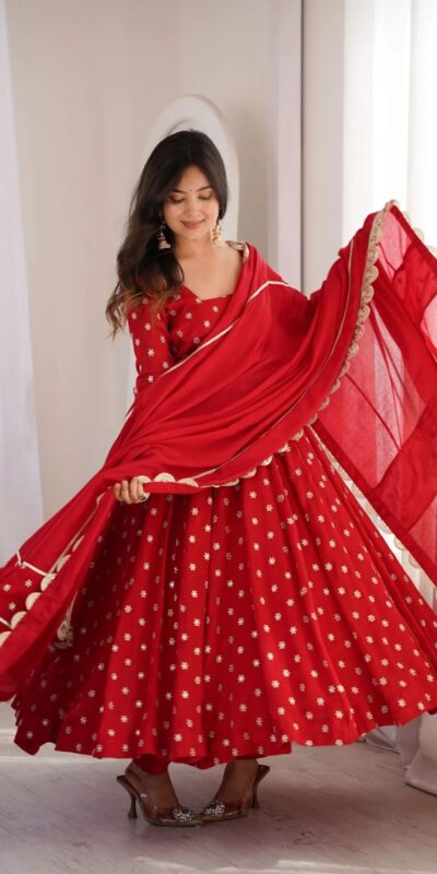 KD 1630 Red Zari Work & Embroidery Work Salwar Suit in Red Chinon Silk. Grab it for ₹2499. Delivery 4-6 Working Days. Shop now. | Anarkali Suits, Bollywood Anarkali, Creative-Anarkali, Designer Anarkali, Embroidered Anarkali, Party Wear Anarkali, Salwar suit