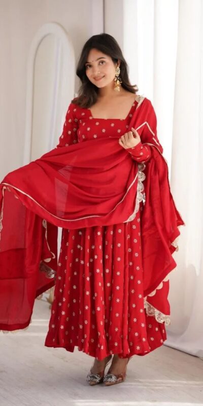 KD 1630 Red Zari Work & Embroidery Work Salwar Suit in Red Chinon Silk. Grab it for ₹2499. Delivery 4-6 Working Days. Shop now. | Anarkali Suits, Bollywood Anarkali, Creative-Anarkali, Designer Anarkali, Embroidered Anarkali, Party Wear Anarkali, Salwar suit