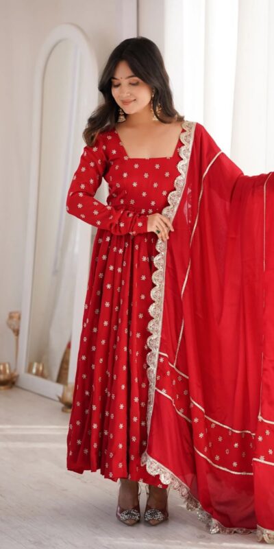 KD 1630 Red Zari Work & Embroidery Work Salwar Suit in Red Chinon Silk. Grab it for ₹2499. Delivery 4-6 Working Days. Shop now. | Anarkali Suits, Bollywood Anarkali, Creative-Anarkali, Designer Anarkali, Embroidered Anarkali, Party Wear Anarkali, Salwar suit
