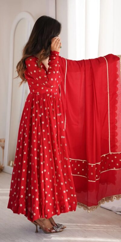 KD 1630 Red Zari Work & Embroidery Work Salwar Suit in Red Chinon Silk. Grab it for ₹2499. Delivery 4-6 Working Days. Shop now. | Anarkali Suits, Bollywood Anarkali, Creative-Anarkali, Designer Anarkali, Embroidered Anarkali, Party Wear Anarkali, Salwar suit