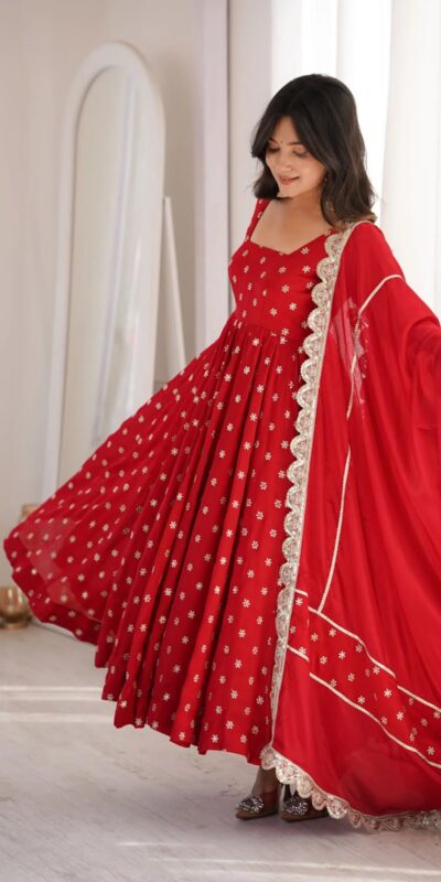 KD 1630 Red Zari Work & Embroidery Work Salwar Suit in Red Chinon Silk. Grab it for ₹2499. Delivery 4-6 Working Days. Shop now. | Anarkali Suits, Bollywood Anarkali, Creative-Anarkali, Designer Anarkali, Embroidered Anarkali, Party Wear Anarkali, Salwar suit
