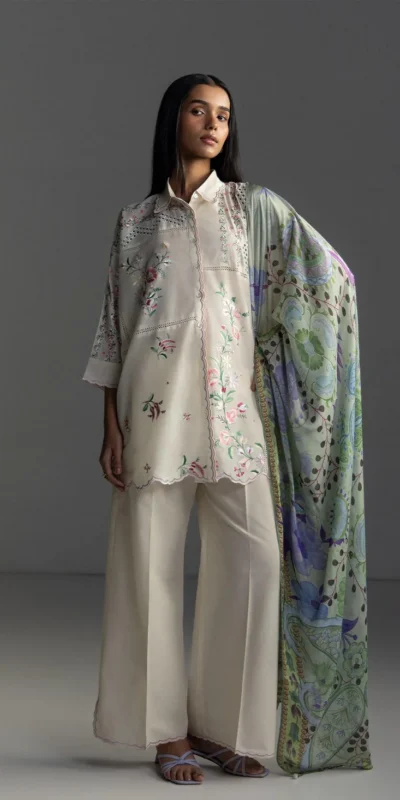 Fancy Cream Cambric Cotton Embroidery Work Salwar Suit