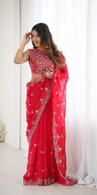 SP 88 Red Red Fendy Chiffon Saree with Embroidery Work & Sequins Work. Special Price ₹2149. Delivery 4-6 Working Days. Shop now. | Designer Sarees, Modern Digital sarees, Sarees, Bollywood Sarees, Creative Sarees, Embroidered Sarees, Ethnic Saree, Party Wear Sarees