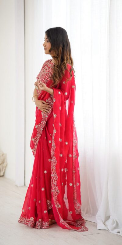 SP 88 Red Red Fendy Chiffon Saree with Embroidery Work & Sequins Work. Special Price ₹2149. Delivery 4-6 Working Days. Shop now. | Designer Sarees, Modern Digital sarees, Sarees, Bollywood Sarees, Creative Sarees, Embroidered Sarees, Ethnic Saree, Party Wear Sarees