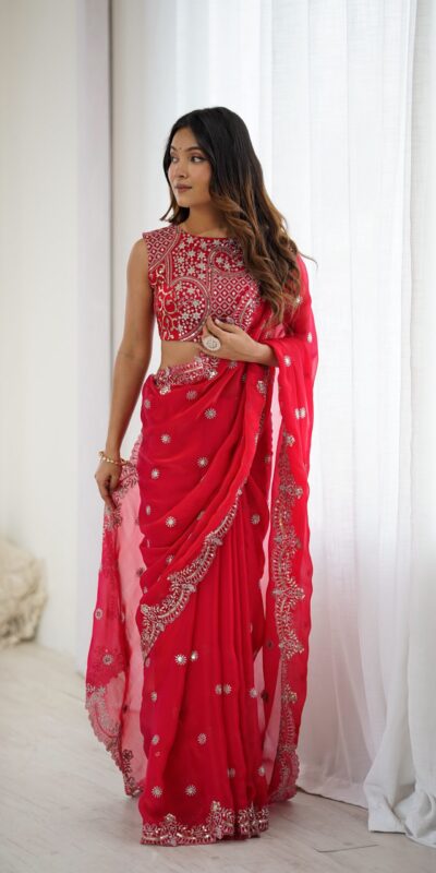 SP 88 Red Red Fendy Chiffon Saree with Embroidery Work & Sequins Work. Special Price ₹2149. Delivery 4-6 Working Days. Shop now. | Designer Sarees, Modern Digital sarees, Sarees, Bollywood Sarees, Creative Sarees, Embroidered Sarees, Ethnic Saree, Party Wear Sarees