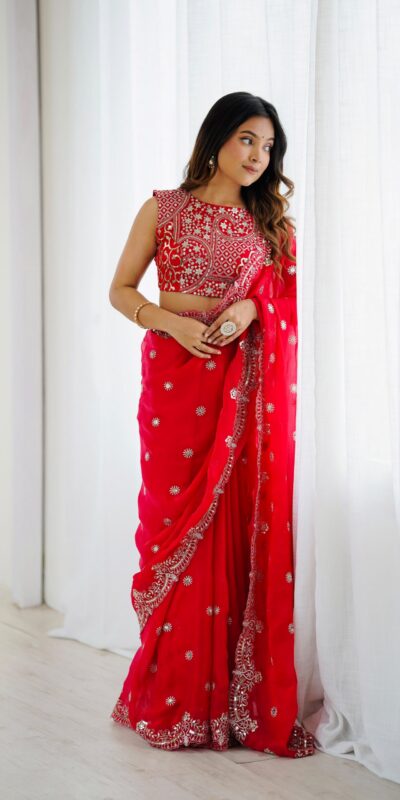SP 88 Red Red Fendy Chiffon Saree with Embroidery Work & Sequins Work. Special Price ₹2149. Delivery 4-6 Working Days. Shop now. | Designer Sarees, Modern Digital sarees, Sarees, Bollywood Sarees, Creative Sarees, Embroidered Sarees, Ethnic Saree, Party Wear Sarees