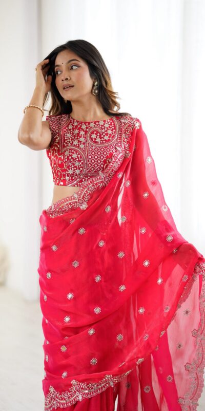 SP 88 Red Red Fendy Chiffon Saree with Embroidery Work & Sequins Work. Special Price ₹2149. Delivery 4-6 Working Days. Shop now. | Designer Sarees, Modern Digital sarees, Sarees, Bollywood Sarees, Creative Sarees, Embroidered Sarees, Ethnic Saree, Party Wear Sarees