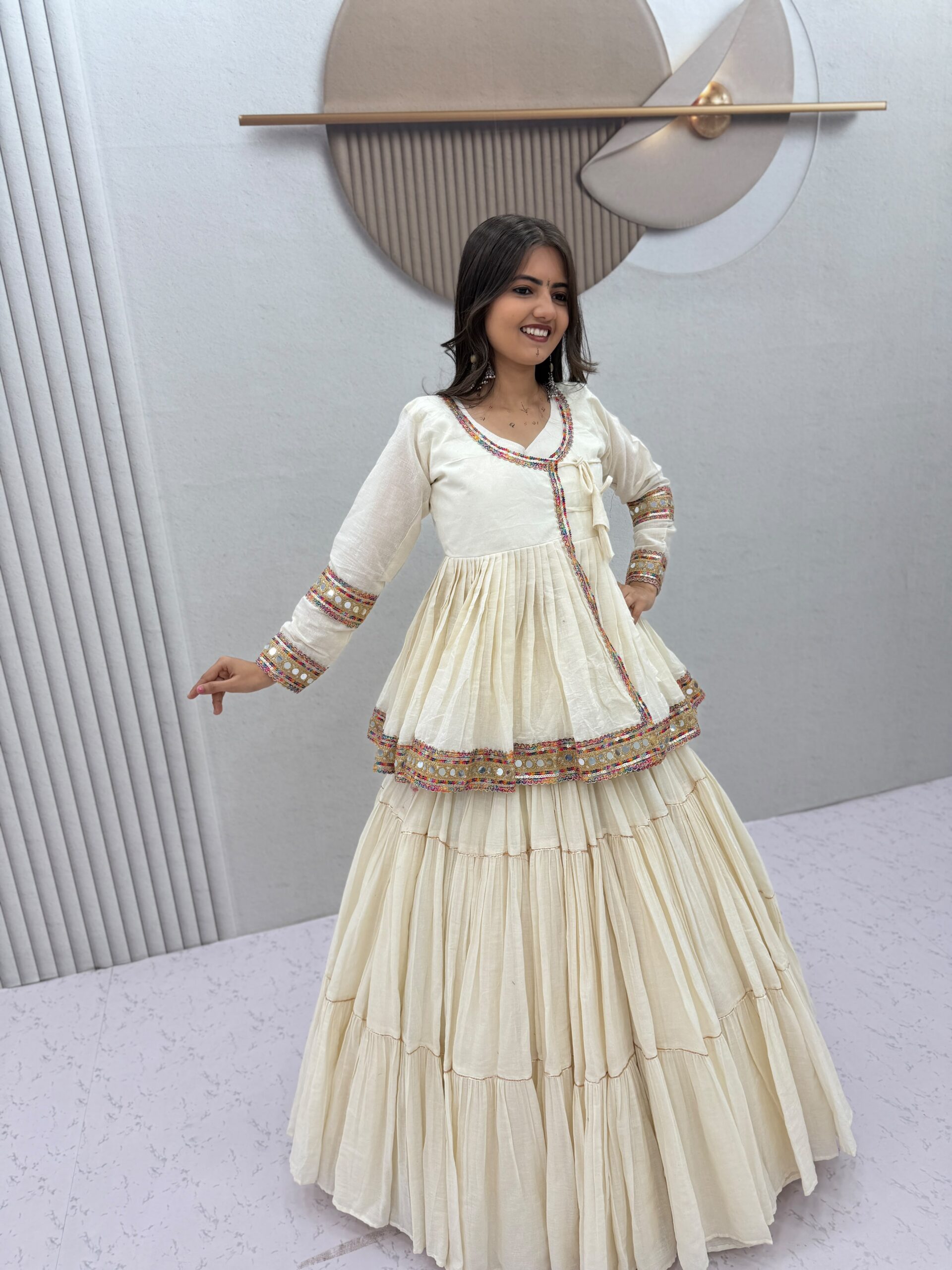 PC 596 Off White in Pure Cotton Mirror Work & Gamthi Work Lehenga Choli . Exclusive Offer ₹2999. Delivery 4-6 Working Days. Shop now. | Lehenga, Bollywood Lehenga, Creative Lehenga, Designer Lehenga, Embroidered Lehenga, Party Wear Lehenga