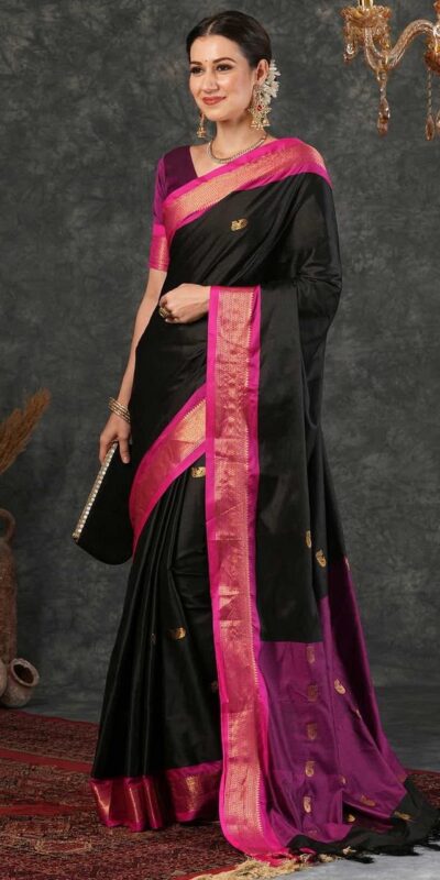 KP 7009 Black Soft Lichi Silk Saree with Lace Work & Lace Border. Introductory Price ₹1649. Delivery 4-6 Working Days. Shop now. | Designer Sarees, Modern Digital sarees, Sarees, Bollywood Sarees, Creative Sarees, Embroidered Sarees, Ethnic Saree, Party Wear Sarees