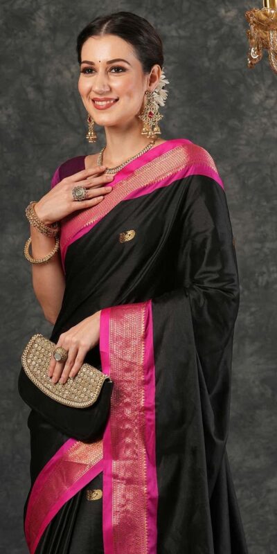 KP 7009 Black Soft Lichi Silk Saree with Lace Work & Lace Border. Introductory Price ₹1649. Delivery 4-6 Working Days. Shop now. | Designer Sarees, Modern Digital sarees, Sarees, Bollywood Sarees, Creative Sarees, Embroidered Sarees, Ethnic Saree, Party Wear Sarees