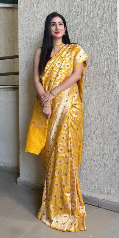 KP 6080 Yellow Soft Lichi Silk Saree with Lace Work & Lace Border. Introductory Price ₹1649. Delivery 4-6 Working Days. Shop now. | Designer Sarees, Modern Digital sarees, Sarees, Bollywood Sarees, Creative Sarees, Embroidered Sarees, Ethnic Saree, Party Wear Sarees