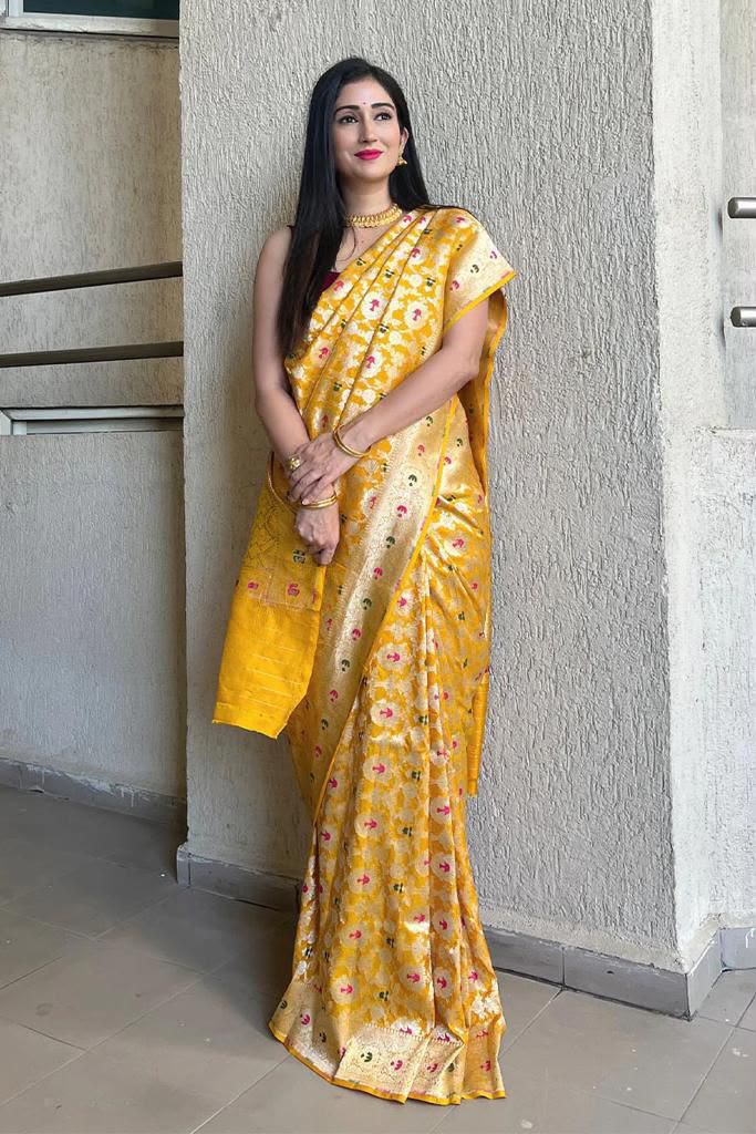 KP 6080 Yellow Soft Lichi Silk Saree with Lace Work & Lace Border. Introductory Price ₹1649. Delivery 4-6 Working Days. Shop now. | Designer Sarees, Modern Digital sarees, Sarees, Bollywood Sarees, Creative Sarees, Embroidered Sarees, Ethnic Saree, Party Wear Sarees