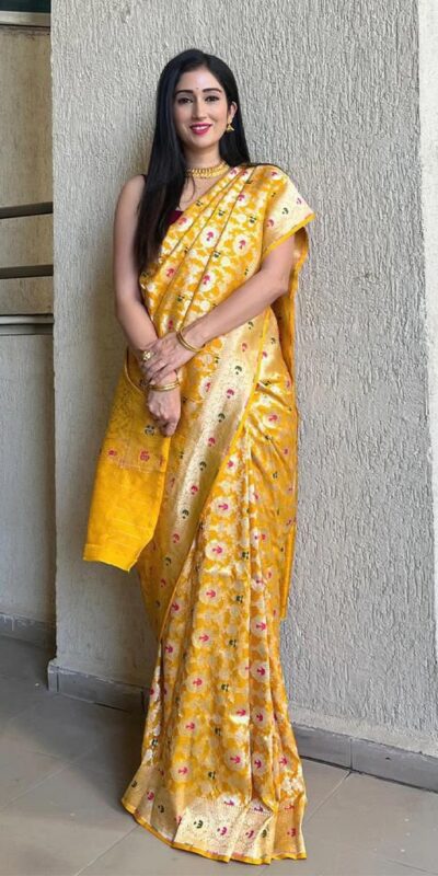 KP 6080 Yellow Soft Lichi Silk Saree with Lace Work & Lace Border. Introductory Price ₹1649. Delivery 4-6 Working Days. Shop now. | Designer Sarees, Modern Digital sarees, Sarees, Bollywood Sarees, Creative Sarees, Embroidered Sarees, Ethnic Saree, Party Wear Sarees