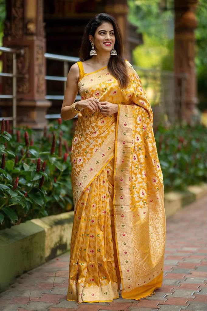 KP 6080 Yellow Soft Lichi Silk Saree with Lace Work & Lace Border. Introductory Price ₹1649. Delivery 4-6 Working Days. Shop now. | Designer Sarees, Modern Digital sarees, Sarees, Bollywood Sarees, Creative Sarees, Embroidered Sarees, Ethnic Saree, Party Wear Sarees