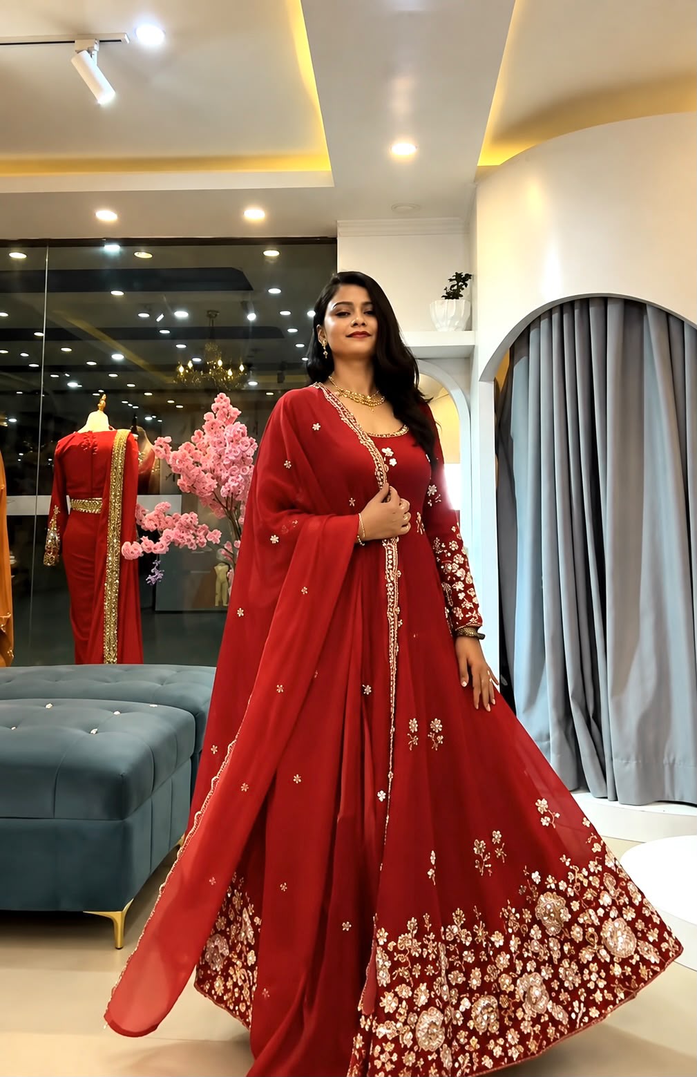 SSR 548 Red Fendy Silk Gown with Sequins Work & Thread Embroidery. Now at just ₹2399. Delivery 4-6 Working Days. Shop now. | Gowns, Bollywood Gowns, Creative Gowns, Designer Gowns, Embroidered Gowns, Party Wear Gowns