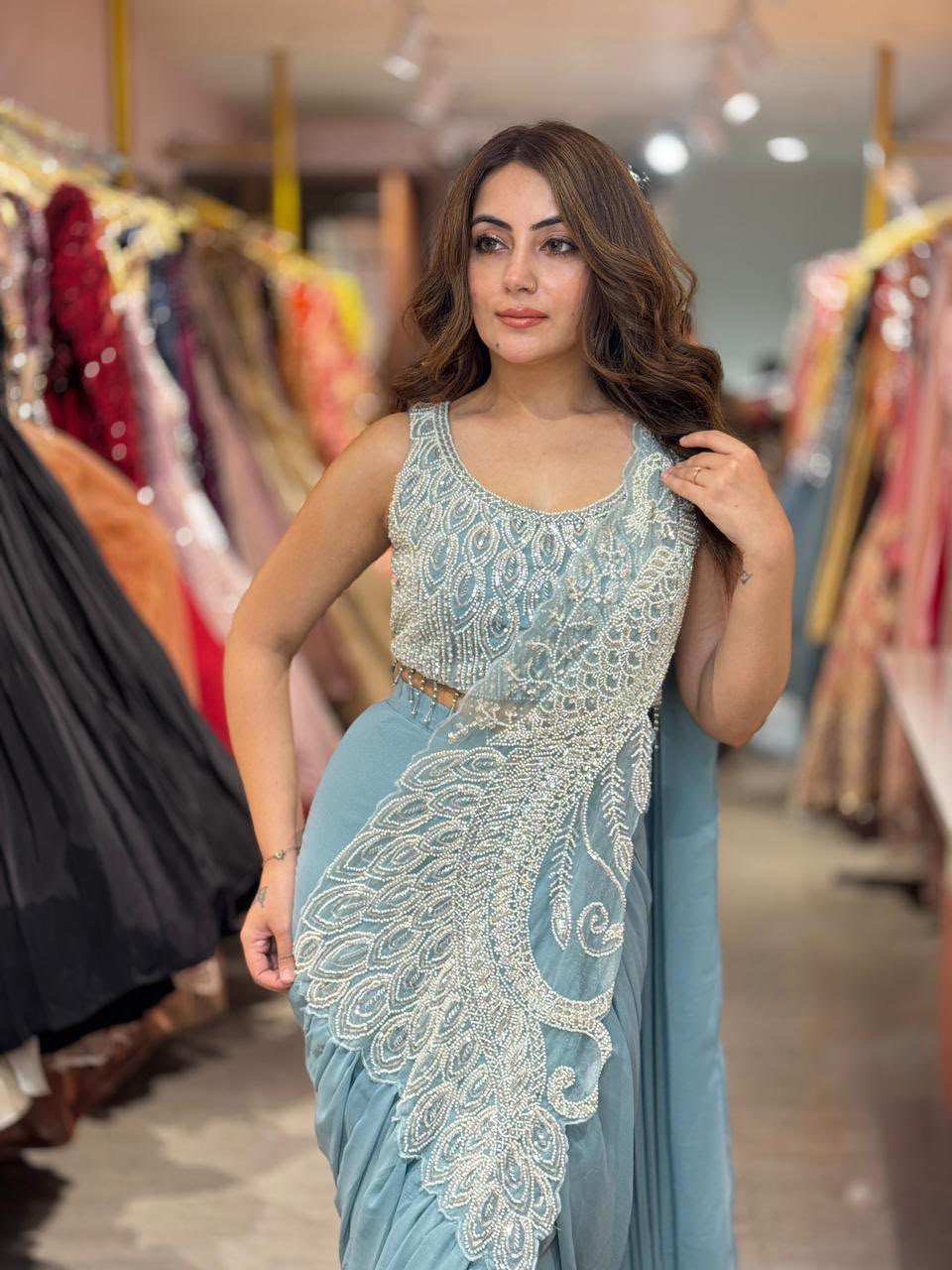ST 1194 Sky Blue Soft Rangoli Silk Saree with Embroidery Work & Lace Work. Special Price ₹2299. Delivery 4-6 Working Days. Shop now. | Designer Sarees, Modern Digital sarees, Sarees, Bollywood Sarees, Creative Sarees, Embroidered Sarees, Ethnic Saree, Party Wear Sarees