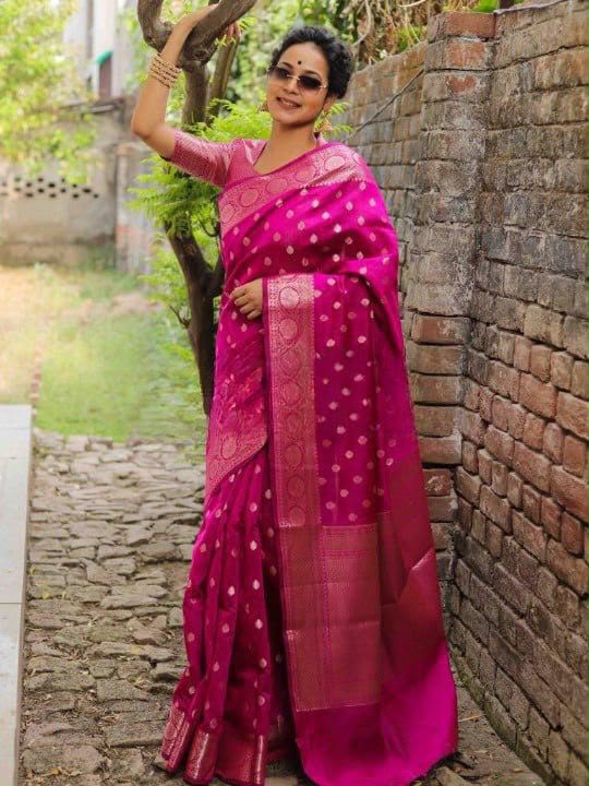 Shiny Pink Soft Lichi Silk Jacquard Lace Work Saree