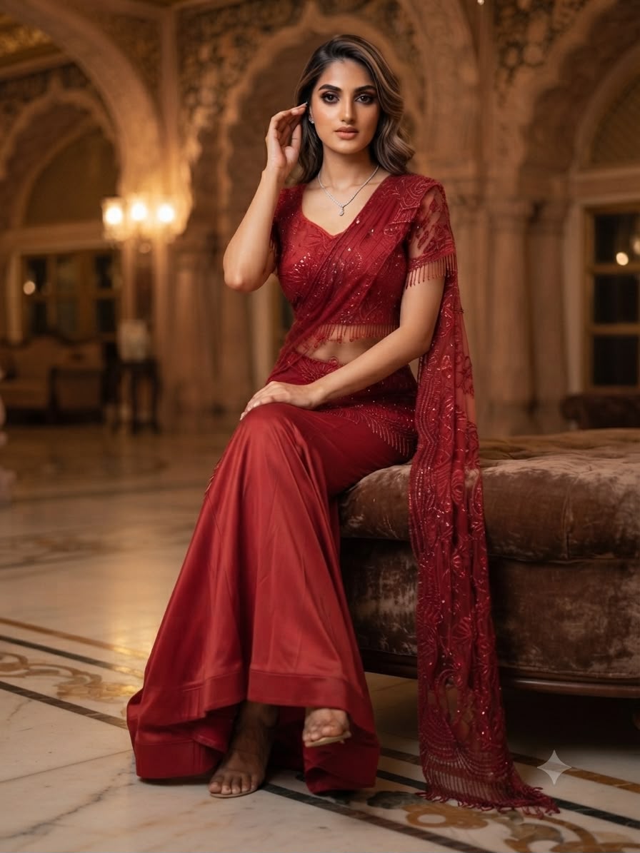 LG 2127 Red Crap Silk Saree with Sequins Work & Embroidery Work. Festive Deal ₹2799. Delivery 4-6 Working Days. Shop now. | Designer Sarees, Modern Digital sarees, Sarees, Bollywood Sarees, Creative Sarees, Embroidered Sarees, Ethnic Saree, Party Wear Sarees